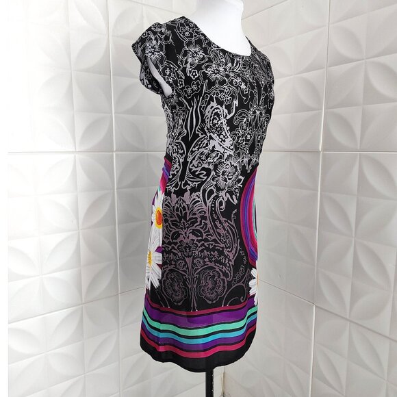 Rainbow Daisy Flower Black Dress Lined Boho Midi Short Sleeve M - Picture 4 of 13